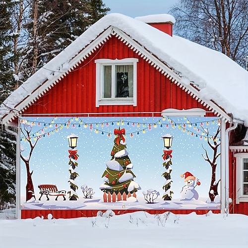 

Capa de porta de garagem ao ar livre de natal banner de porta de natal boneco de neve decorativo grande porta mural decoração de cenário de natal para decorações de parede de casa de férias
