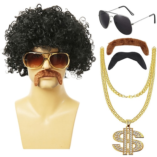 

Disco Wig 5Pcs Set (Wig Glasses Necklace Mustache) 70'S Costumes Wig Afro Wig Men Short Curly Natural Fluffy Synthetic hair Wig for Halloween Disco Party