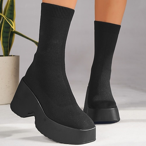 

Mulheres Botas Botas com salto Coturnos Meias Botas Diário Côr Sólida Botas da panturrilha Inverno Salto Robusto Ponta Redonda Sensual Minimalismo Tecido elástico Tecido Mocassim Preto