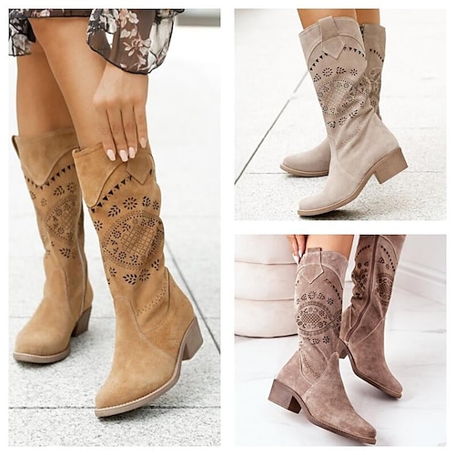 

Women's Boots Cowboy Boots Plus Size Outdoor Work Daily Solid Color Mid Calf Boots Winter Embroidery Flat Heel Round Toe Elegant Vacation Vintage Suede Zipper Brown khaki Light Grey