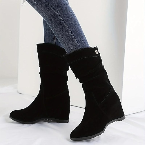 

Women's Boots Suede Shoes Slouchy Boots Plus Size Outdoor Daily Solid Color Knee High Boots Winter Imitation Pearl Wedge Heel Hidden Heel Round Toe Vintage Casual Minimalism Faux Suede Loafer Black