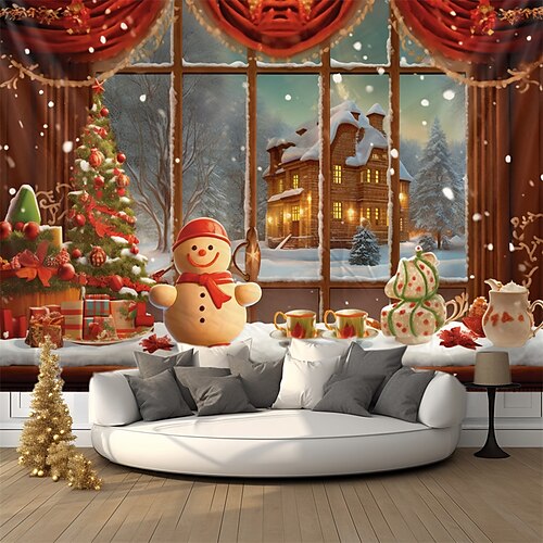 

Christmas Gifts Snowman Window Hanging Tapestry Wall Art Xmas Large Tapestry Mural Decor Photograph Backdrop Blanket Curtain Home Bedroom Living Room Decoration