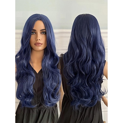 

perruque synthétique bleu foncé colorée pour femme, cheveux longs et bouclés, partie centrale de 28 pouces, sans frange, convient pour un usage quotidien, toutes sortes de fêtes, Halloween, cosplay