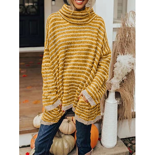 

Women's Pullover Sweater Jumper Turtleneck Fuzzy Knit Polyester Patchwork Fall Winter Regular Outdoor Daily Going out Stylish Casual Soft Long Sleeve Striped Black Yellow Army Green S M L