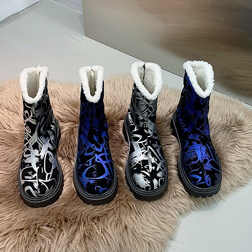 

Women's Boots Snow Boots Combat Boots Plus Size Outdoor Daily Geometric Fleece Lined Booties Ankle Boots Winter Zipper Flat Heel Round Toe Fashion Casual Comfort Satin Zipper Silver Blue