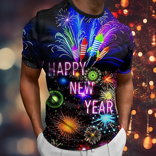 

Grafisch Brief Vuurwerk Dagelijks Ontwerper Retro vintage Voor heren 3D-afdrukken T-shirt Buitensporten Feestdagen Uitgaan Nieuwjaar T-shirt blauw Bruin Groen Korte mouw Strakke ronde hals Overhemd