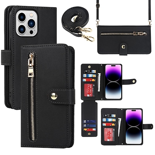 

Phone Case For iPhone 15 Pro Max Plus iPhone 14 13 12 11 Pro Max Mini SE X XR XS Max 8 7 Plus Wallet Case Zipper with Lanyard Kickstand Solid Color TPU PU Leather