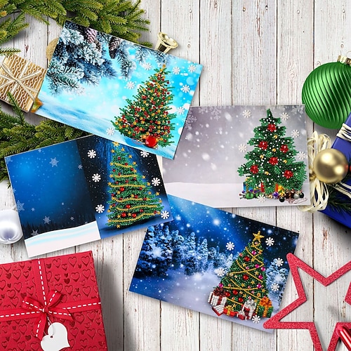 

4 piezas DIY 5D pintura de diamante artificial tarjeta de Navidad árbol de Navidad redondo irregular tarjeta de diamante artificial creativo, niños y adultos hechos a mano tarjeta de Navidad feliz regalos para familiares amigos