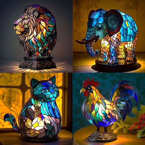 

Resin Desk Lamp Animal Series Simulated Stained Glasss Decor Table Lamp Vintage Stained Bedside Lamp 15cm/5.9inch