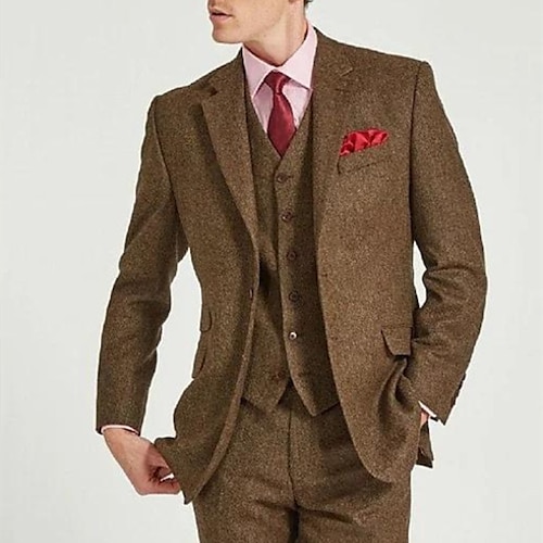 

Brown Men's Wedding Tweed Suits Solid Colored 3 Piece Retro Vintage Plus Size Single Breasted Two-buttons 2023