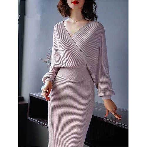

Mujer Vestido de suéter Escote en Pico Estriado Tejer Acrílico De Punto Otoño Invierno Largo Exterior Diario Festivos Moda Ropa de calle Sensual Manga Larga Color sólido Negro Rosa Rojo S M L