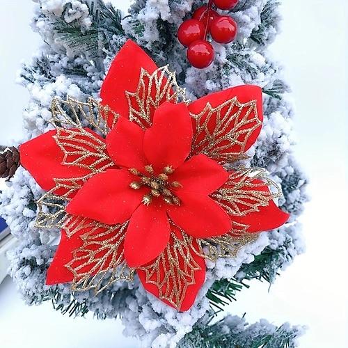 

1 flor navideña multicolor con polvo dorado: decoraciones festivas para árbol de Navidad, guirnaldas y decoración del hogar.