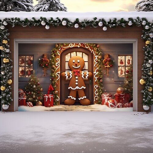 

Couverture de porte de garage extérieure de noël, bonhomme en pain d'épices, bannière de porte de noël, grande porte murale, décoration de toile de fond de noël pour décorations murales de maison de