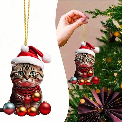 

Neujahr 2D flach Acryl Spaß Katze Weihnachtsbaum Anhänger Rucksack Anhänger Auto Rückspiegel Anhänger