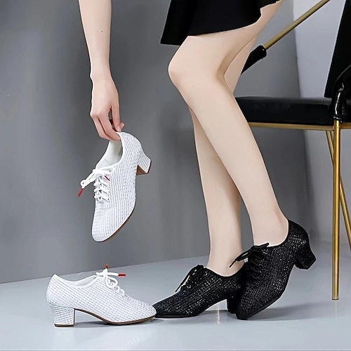 

Women's Latin Shoes Practice Trainning Dance Shoes Performance Training Heel Cuban Heel Round Toe Lace-up Adults' Black White