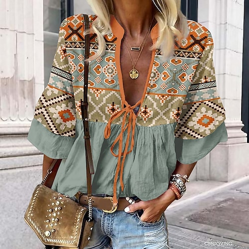 camicia da donna in pizzo camicetta etnica con lacci stampa manica 3/4 lunghezza top regolari scollo a V casual festa rosa blu arancione verde primavera&amp;  autunno