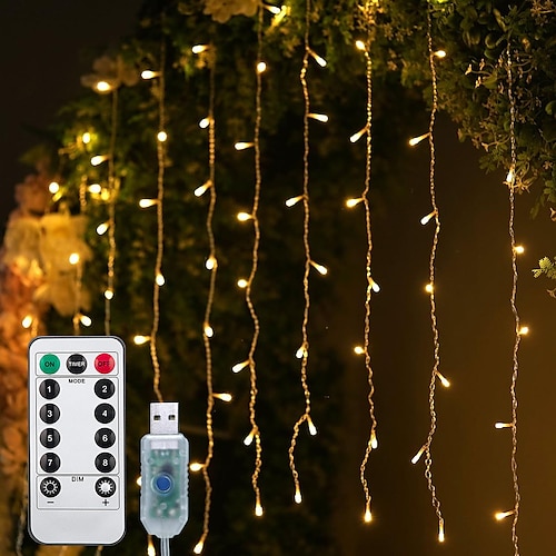 

61m luzes de corda luz de cortina de natal 300 led 1 conjunto branco quente luzes de férias janela/cortina/luzes de gelo interior feriado casamento alimentado por usb