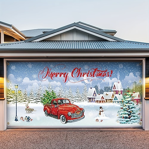 

Christmas Outdoor Garage Door Cover Xmas Door Banner Snow Truck Large Door Mural Christmas Backdrop Decoration for Holiday Home Wall Decorations