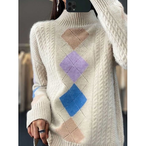 

Women's Pullover Sweater Jumper Stand Collar Cable Knit Acrylic Patchwork Fall Winter Regular Outdoor Daily Going out Stylish Casual Soft Long Sleeve Color Block Black White Camel S M L