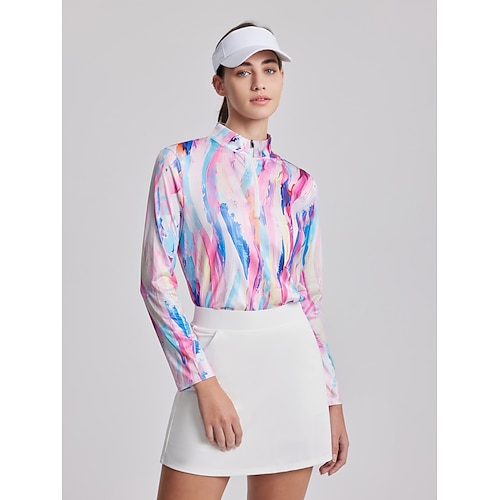 

Damen poloshirt Golfhemd Atmungsaktiv Schnelltrocknend Feuchtigkeitsableitung Langarm Golfbekleidung Golfkleidung Regular Fit Zip Stehkragen Batik Frühling Herbst Tennis Golfspiel Pickleball