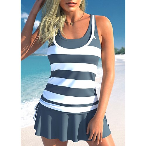 

Mulheres Roupa de Banho Tankini 2 partes Normal roupa de banho 2 Peças Estampado Listrado Cinzento Malha Íntima Fatos de banho Sensual Roupa de Praia Verão
