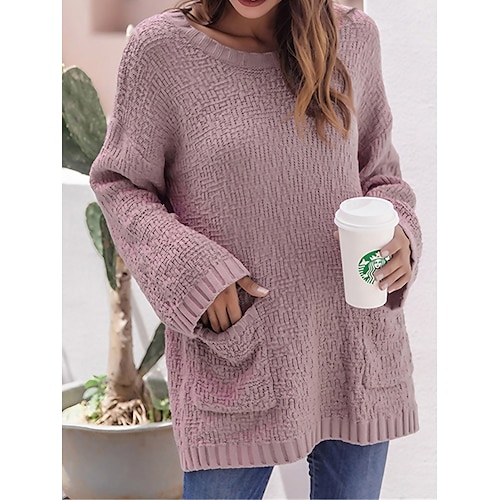 

Women's Pullover Sweater Jumper Crew Neck Ribbed Knit Polyester Pocket Knitted Fall Winter Regular Outdoor Daily Going out Fashion Streetwear Casual Long Sleeve Solid Color Pink S M L