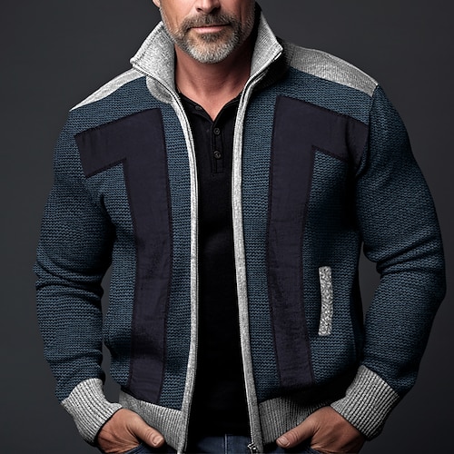 

Men's Cardigan Sweater Zip Sweater Chunky Cardigan Ribbed Knit Cropped Pocket Knitted Color Block Stand Collar Warm Ups Modern Contemporary Casual Daily Wear Clothing Apparel Fall Winter Black Blue M