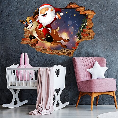 

3D Christmas Wall Decal Wall Stickers Christmas Break Through The Wall Vinyl Stickers Wall Mural Decals Removable Home Decor for Kids Room Living Room