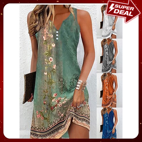 

vestito casual da donna vestito a trapezio vestito dal carro armato stampa floreale con bottoni mini abito scollo a V moda attiva all'aperto strada senza maniche vestibilità ampia grigio scuro estate primavera xxl