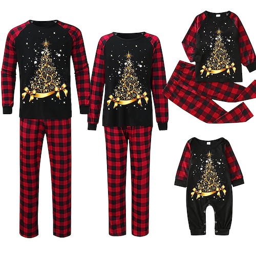 

Famille Noël Pyjamas Graphic Intérieur Imprimer Noir Rouge Foncé Vin manche longue Tenues maman et moi Actif Tenues assorties