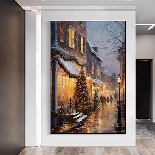 

Famoso paisaje navideño, pintura al óleo sobre lienzo, vista nocturna pintada a mano de Navidad, arte de pared, invierno nevado, arte de pared de Navidad hecho a mano, pintura de paisaje de ciudad de