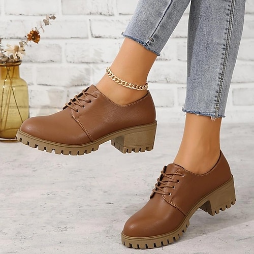 

Mujer Tacones Escarpines Zapatos Confort Exterior Diario Color sólido Plataforma Talón de bloque Dedo redondo Punk Vintage Casual Zapatos de Paseo PU Cordones Morrón Oscuro Negro Beige