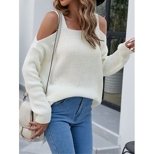 

Mujer Suéter de punto Escote Cuadrado Croché Tejer Acrílico Separado De Punto Hombro frío Otoño Invierno Regular Exterior Diario Noche Moda Ropa de calle Casual Manga Larga Color sólido Blanco S M L