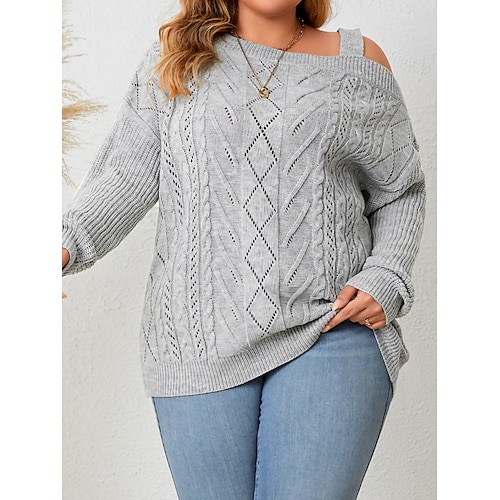 

Mulheres Pulôver suéter Decote V Cabo Tricotar Acrílico Ombro frio Outono Inverno Padrão Ao ar livre Diário Para Noite à moda Casual Macia Manga Longa Côr Sólida Cinzento XL XXL 3XL