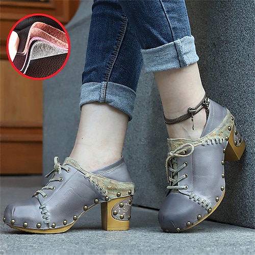 

Femme Chaussures à Talons Talons à lanières Chaussures faites à la main du quotidien Rivet Lacet Talon Bottier Bout rond Punk Rétro Vintage Mode Cuir Lacet Couleur unie Gris