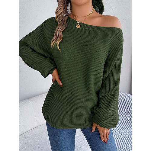 

Damen Pullover Ein-Schulter Gerippt Stricken Acryl überdimensional Herbst Winter Standard Outdoor Täglich Ausgehen Stilvoll Brautkleider schlicht Weich Langarm Feste Farbe Weiß Armeegrün Khaki S M L