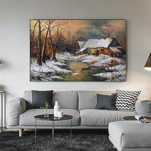 

Bosque con nieve pintura al óleo antigua pintada a mano casa de invierno paisaje ciudad lienzo arte para decoración de pared navideña lienzo enrollado moderno (sin marco)