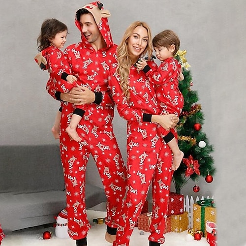 

Family Pajamas Cotton Graphic Cute Pajamas Home Deep Purple snowflakes on red background White snowman on blue background Long Sleeve Mommy And Me Outfits Active Matching Outfits