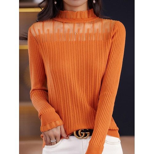 

Damen Pullover Ständer Gerippt Stricken Wolle Patchwork Herbst Winter Standard Outdoor Täglich Ausgehen Stilvoll Brautkleider schlicht Weich Langarm Feste Farbe Schwarz Weiß Orange M L XL