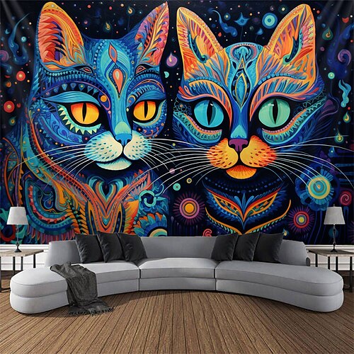 

Tapiz de luz negra con brillo reactivo UV en la oscuridad, dos gatos, paisaje natural brumoso, tapiz colgante, mural artístico de pared para sala de estar y dormitorio