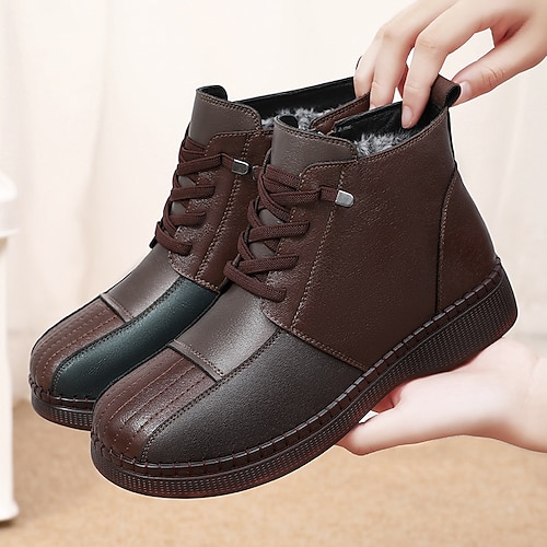 

Women's Boots Snow Boots Outdoor Daily Color Block Fleece Lined Booties Ankle Boots Winter Buckle Flat Heel Round Toe Plush Casual Minimalism PU Lace-up Black Coffee