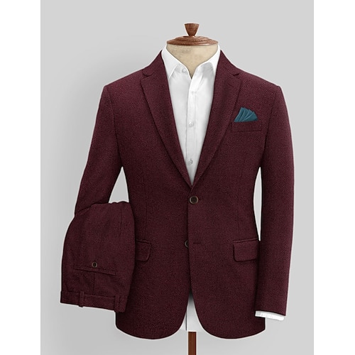 

Burgundy Men's Wedding Tweed Suits Herringbone 2 Piece Daily Plus Size Single Breasted Two-buttons 2023