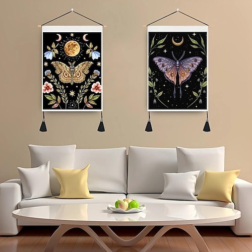 

Moth Sun Moon Floral Woven Bohemian Wall Tapestry Art Decor Blanket Curtain Hanging Home Bedroom Living Room Decoration Nordic Cotton Linen Tassel