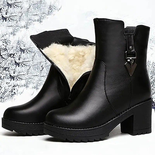 

Women's Boots Plus Size Heel Boots Outdoor Daily Solid Color Fleece Lined Booties Ankle Boots Winter Buckle Chunky Heel Round Toe Elegant Vintage Faux Fur Zipper Black