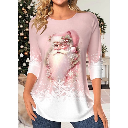 

Ugly Christmas Shirt Women's T shirt Tee Santa Claus Pink Blue Purple Print Button Long Sleeve Christmas Weekend Festival / Holiday Funny Round Neck Regular Fit Spring & Fall