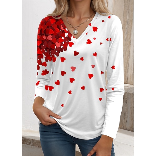 

Women's T shirt Tee Heart Valentine Weekend Red Blue Purple Print Long Sleeve Fashion V Neck Regular Fit Spring & Fall