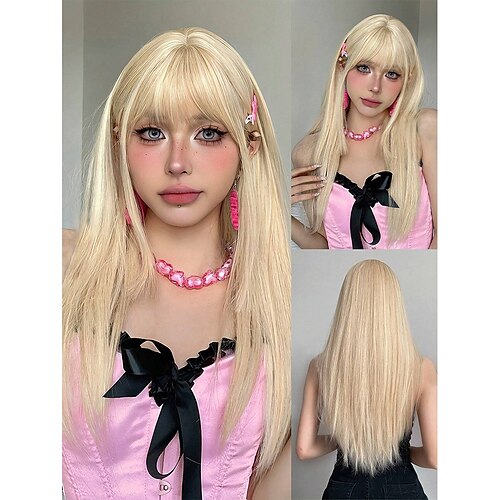 

Goldene lange gerade synthetische Perücken mit Pony für Frauen, blonde Perücke für die tägliche Party, Cosplay, Lolita-Perücke