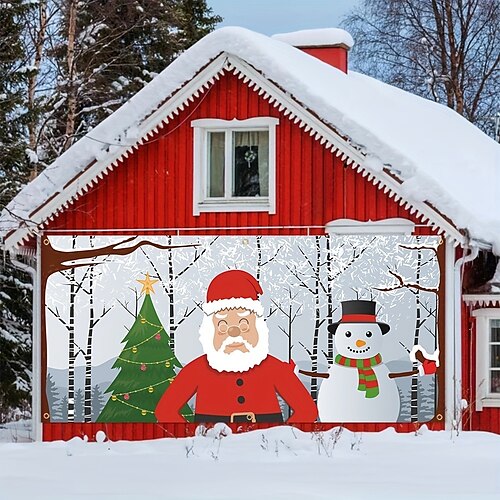 

Christmas Outdoor Garage Door Cover Xmas Door Banner Snowman Santa Large Door Mural Christmas Backdrop Decoration for Holiday Home Wall Decorations