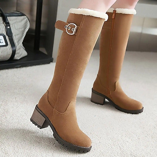 

Damen Stiefel Schneestiefel Wildlederschuhe Winterstiefel Party Outdoor Täglich Innenfutter aus Fleece Kniehohe Stiefel Schnalle Blockabsatz Runde Zehe Vintage Modisch Plüsch Wildleder Reißverschluss