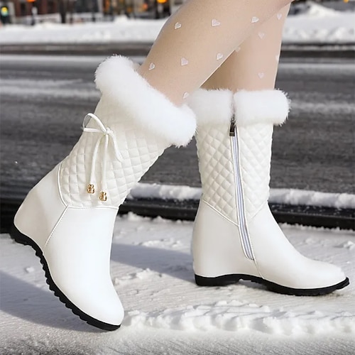 

Women's Boots Snow Boots Plus Size Outdoor Daily Solid Color Fleece Lined Knee High Boots Winter Block Heel Chunky Heel Round Toe Vintage Plush Classic PU Zipper Black White